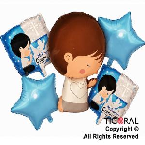 SET DE GLOBOS METALIZADO COMUNION NENE CELESTE 5 UNIDADES